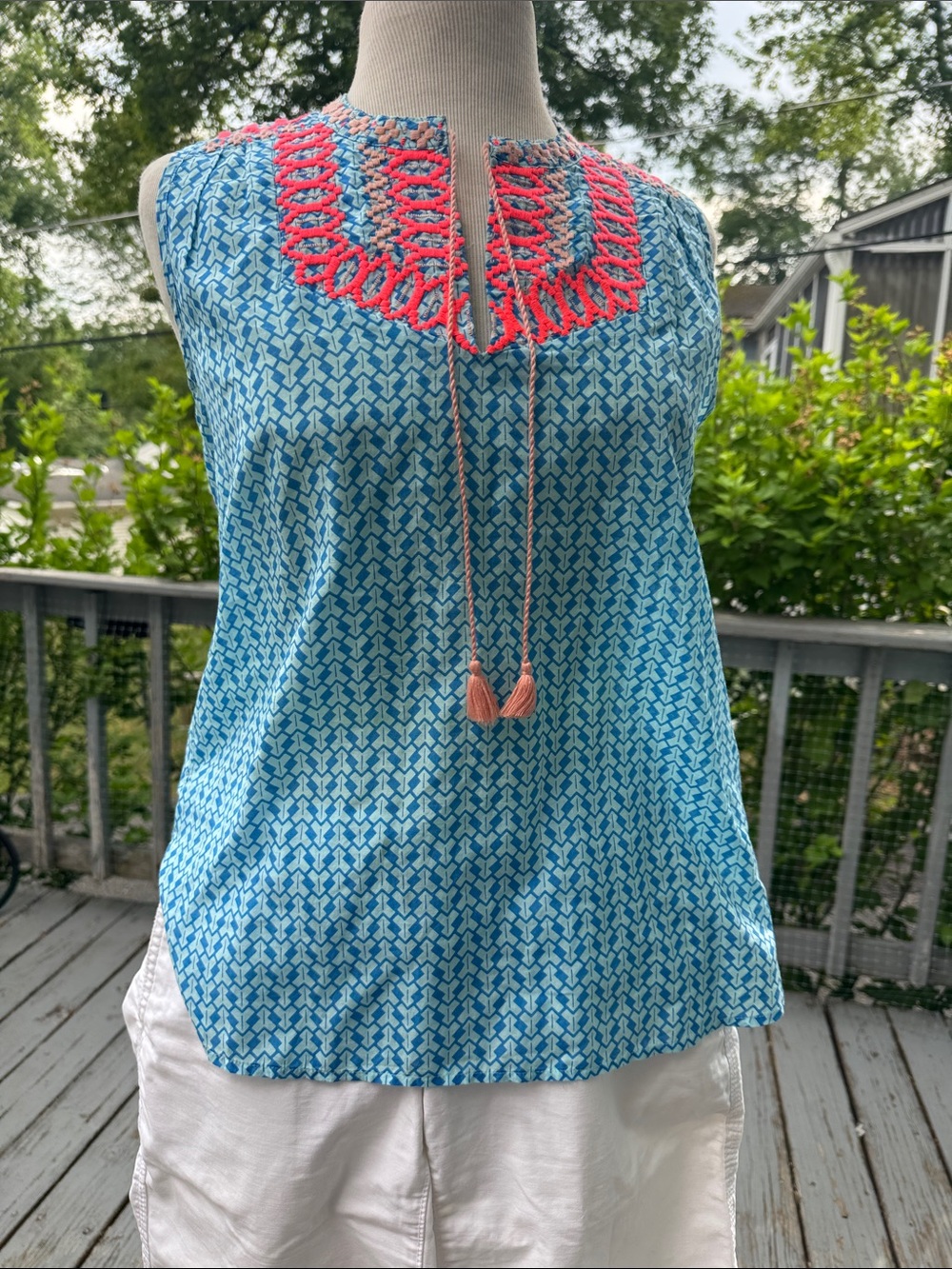 J. Crew  Patterned Cotton/Silk Tank with Coral Crochet Yoke and Tassels